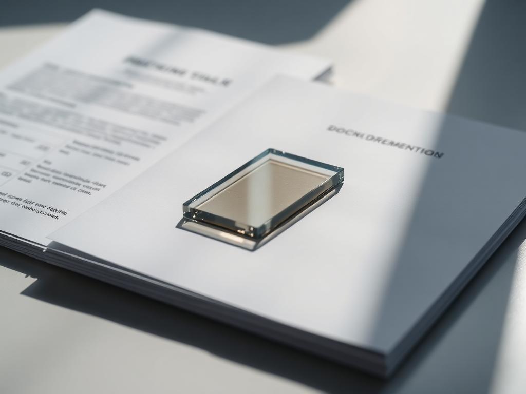Documentation papers and a glass slide on a white surface